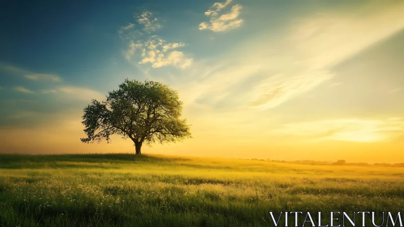 Isolated deciduous tree under low-angle sunlit atmospheric sky.