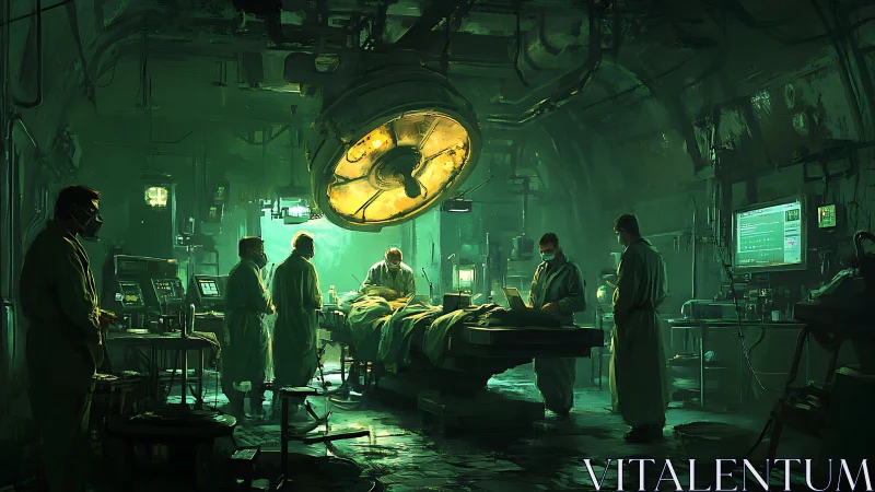 Shadowy underground surgery lit by a single glowing lamp.