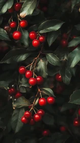 Ripe red cherries on leafy branches in soft natural light.