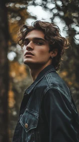 Autumn bokeh portrait of contemplative youth in denim jacket.