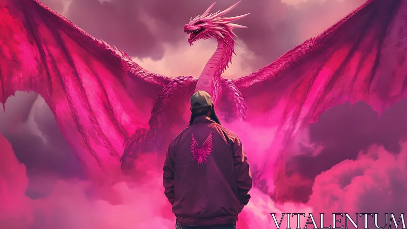 Crimson sky-rider meets colossal pink dragon in swirling mist.
