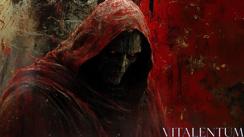 Crimson hooded reaper stalks through splattered infernal dusk.