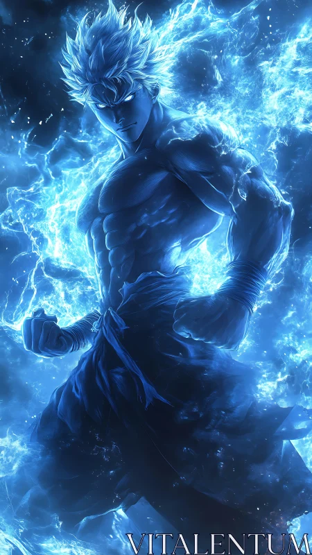 Electrified anime warrior channels intense blue energy aura
