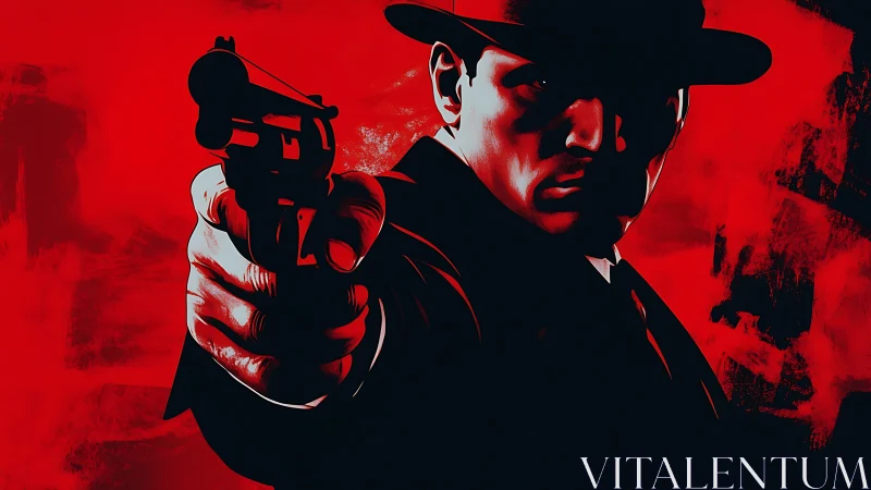 Gunman in noir silhouette confronts viewer in stark red light.