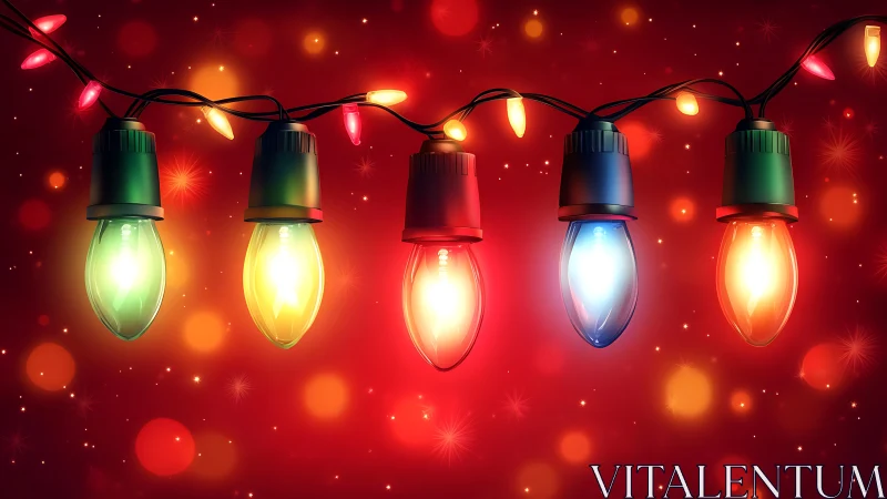 String of multicolored holiday bulbs on red bokeh backdrop.