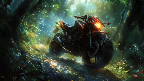 Sport motorcycle on forest path under diffuse light.