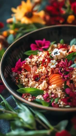 Garden confetti grain bowl crowned with edible blossoms.