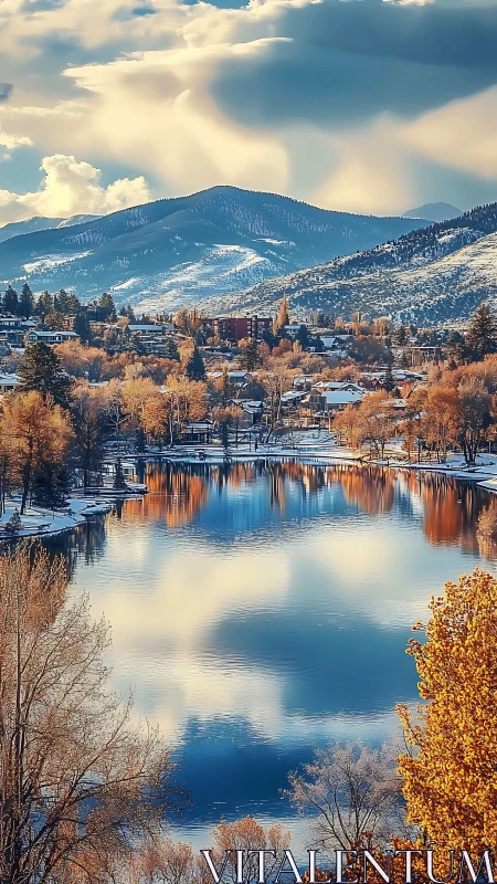 Mountain lake town under golden autumn light at dusk.