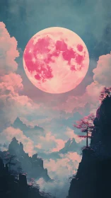 Soft pink moon glows above dreamy misty mountains and clouds