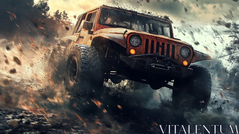 Roaring orange off-road truck surges through flying muddy spray