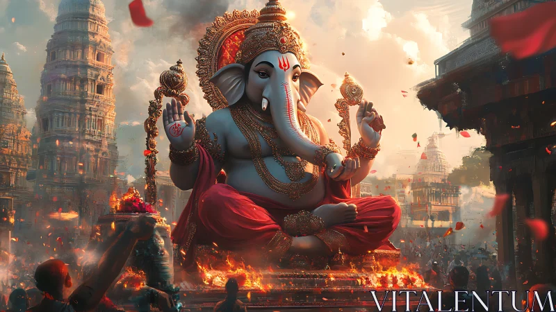 Ganesha statue dominates vibrant temple festival scene.