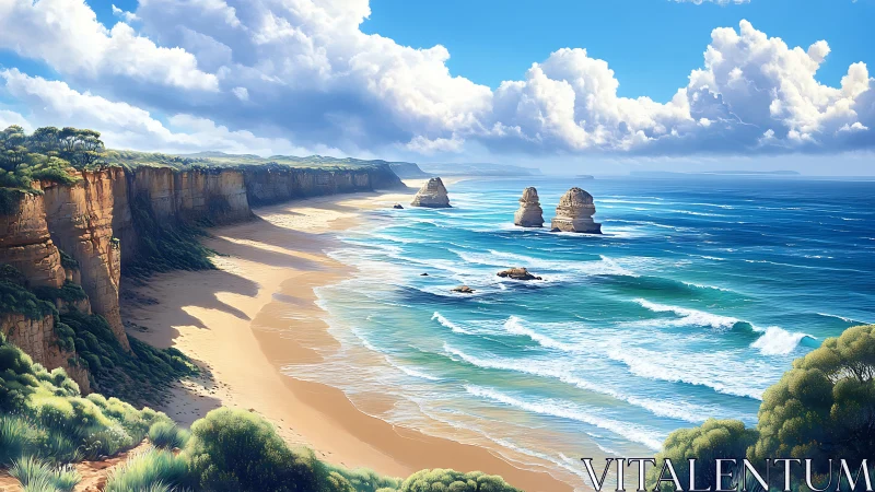 Sunlit coastal cliffs overlook turquoise surf and sea stacks.