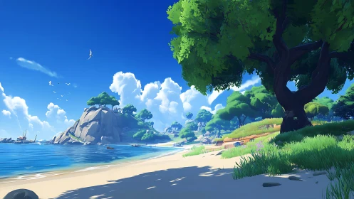 Coastal Paradise: Stylized Beach Landscape with Dramatic Shoreline.