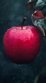 Red apple hangs with dewdrops against dark blurred background