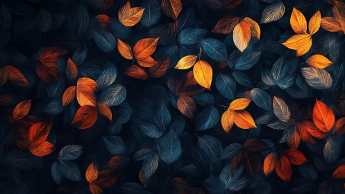 Autumn leaves glow over deep blue forest ground pattern.