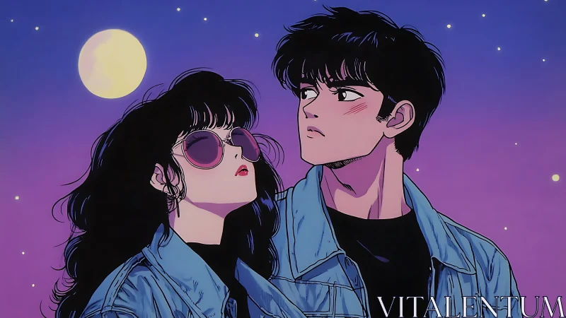 Two youths in denim jackets under moonlit gradient sky.