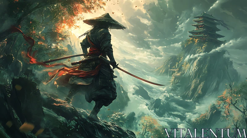 Samurai warrior stands on cliff edge facing distant mountain temple
