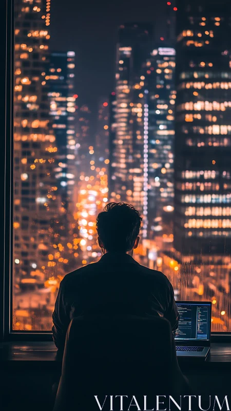 Solitary Programmer Overlooking Neon City Skyline