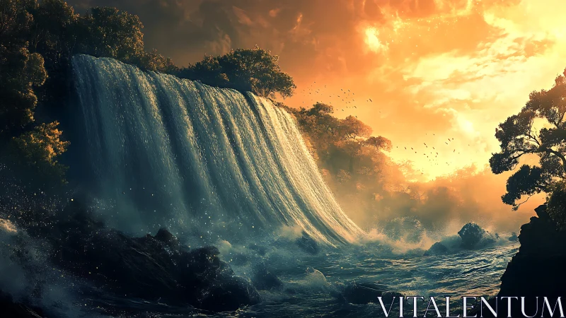 Sunlit cascade panorama with cinematic atmospheric lighting.