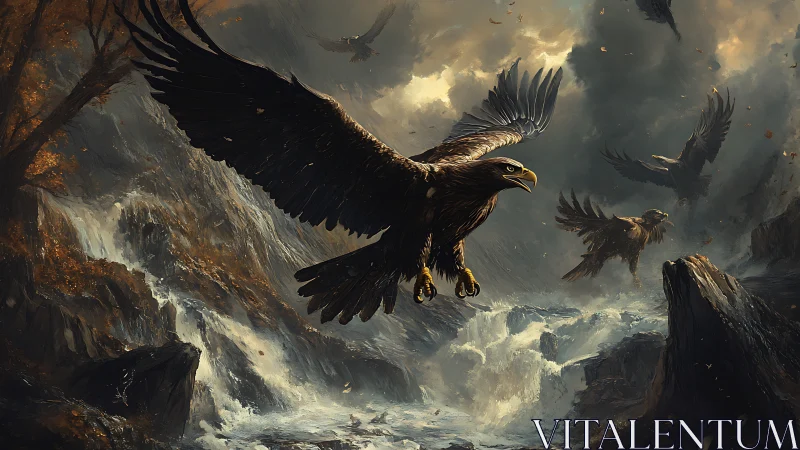 Majestic Eagles Soaring Above Mountain Waterfall in Dramatic Art.