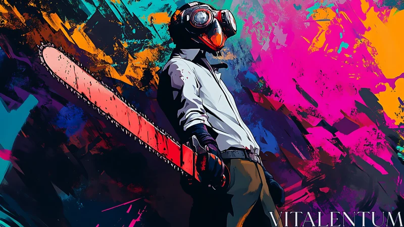 Chainsaw wielder in gas mask amid neon abstract splashes