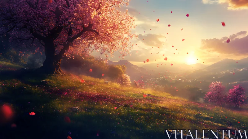 Blossoming cherry tree glows over a serene valley sunset