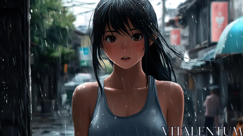 Anime girl stands soaked in city street during heavy rain.