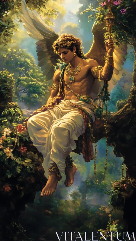 Winged celestial youth rests above luminous forest chasm