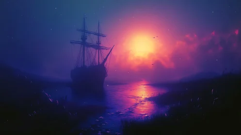 Ghostly tall ship drifts through neon sunset misted waters.