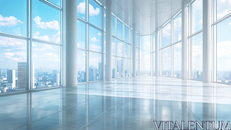 Modern Office Interior with Floor-to-Ceiling Windows and Metropolitan Skyline