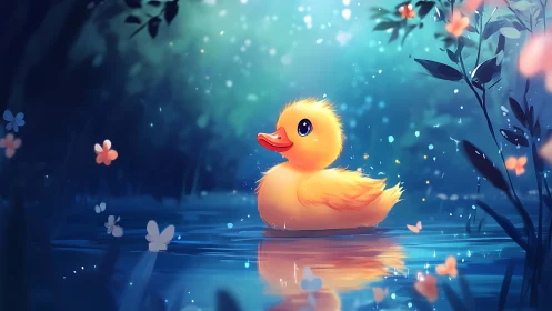 Starlit duckling drifts through a dreamy forest pond.