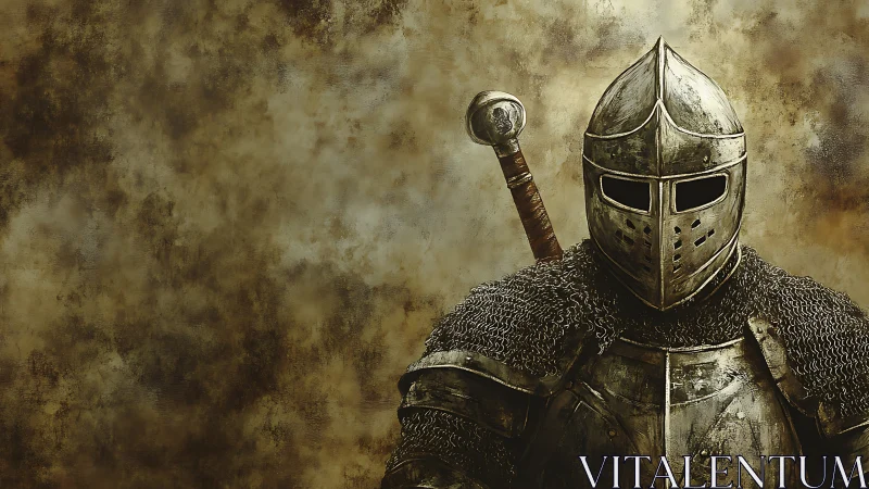 Medieval knight in full armor against worn brown backdrop.