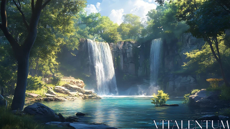 Twin cascade waterfall over turquoise forest pool at noon