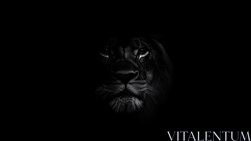 Quiet midnight lion emerging from the deep black night.
