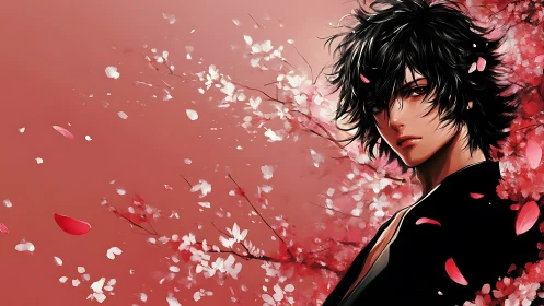Brooding anime swordsman stands amid drifting cherry petals