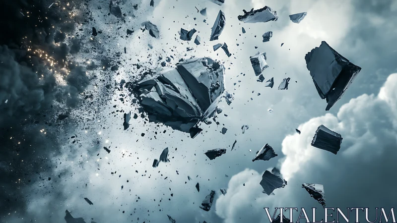 Shattered rock explosion suspended in stormy sky.