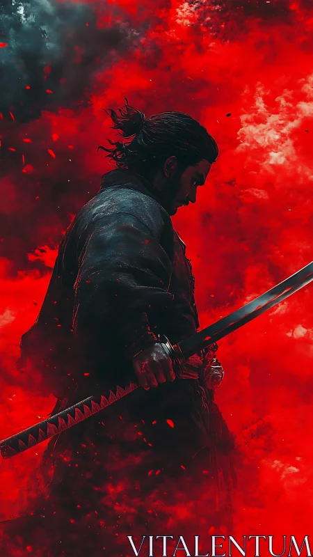 Lone samurai silhouette amid crimson storm clouds.