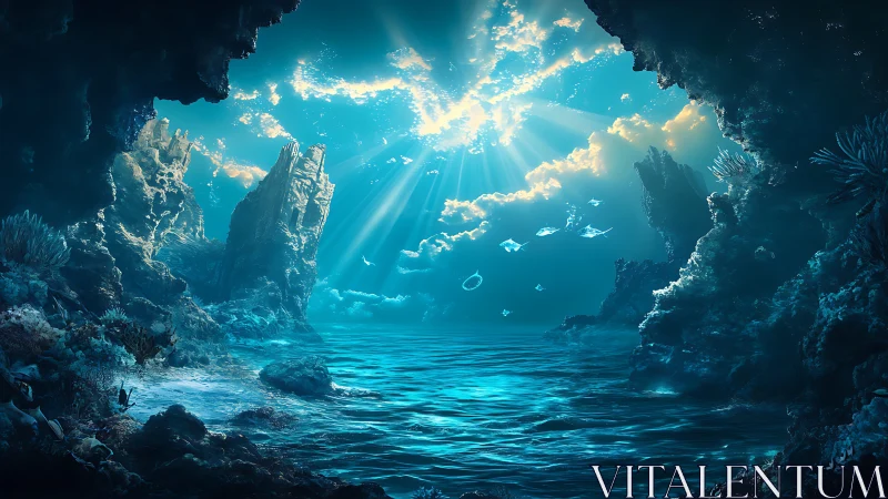 Subsurface marine cavern with volumetric god rays and reef detail.