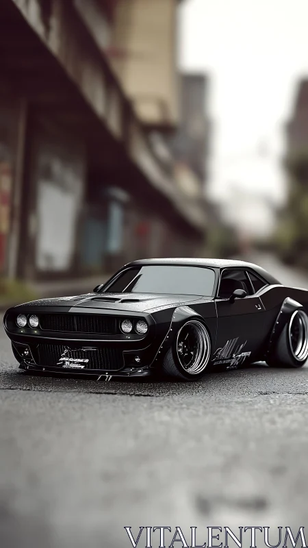 Custom black muscle car stands low on wet urban street.