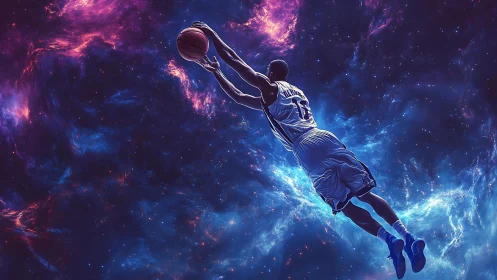 Basketball player midair dunk in stylized cosmic space scene.
