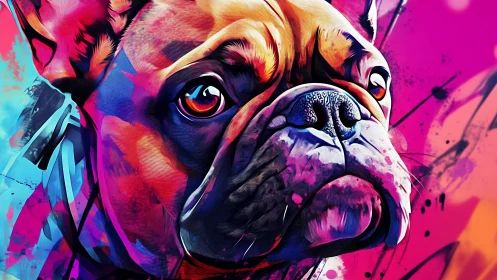 Color-splashed bulldog portrait glows in neon hues.