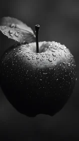 Glimmering dew on a midnight apple in soft grayscale focus.
