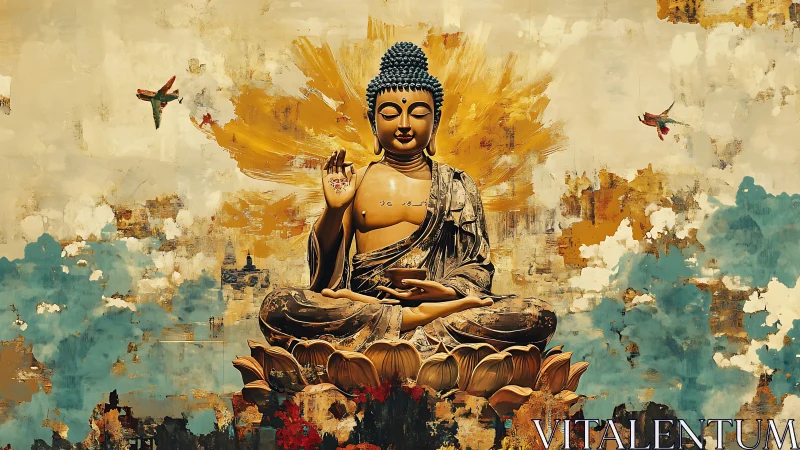 Seated Buddha figure on lotus amid abstract textured sky.
