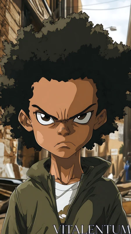 Furious street prodigy with gravity defying curls stands firm.