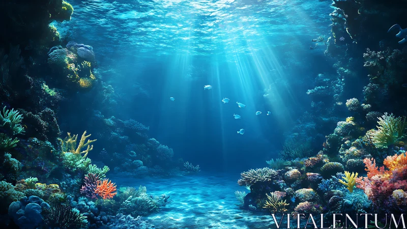 Digital painting of sunlit coral reef basin with fish schools.