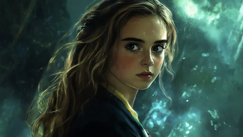 Cinematic digital portrait of young woman in teal backlight