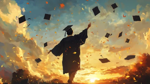 Graduate celebrates under golden sunset sky with flying caps