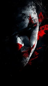 Dark clown portrait with red abstract paint and shadows.