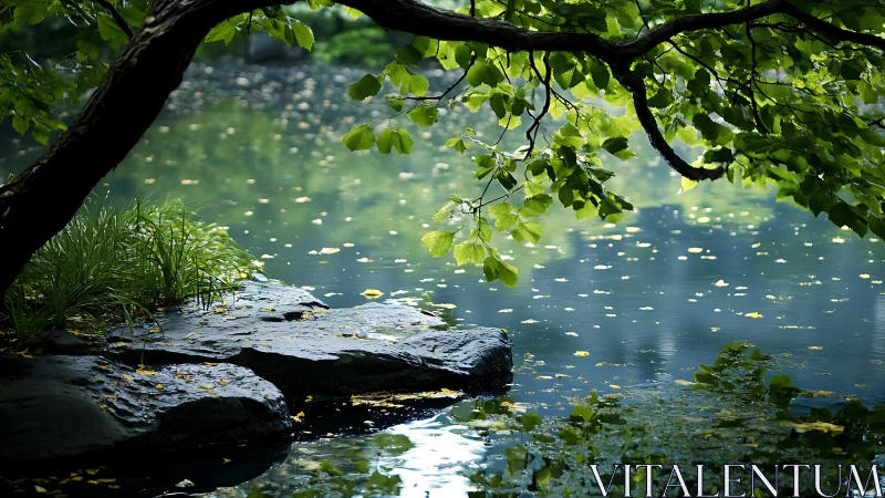 Photorealistic woodland pond with overhanging verdant canopy.