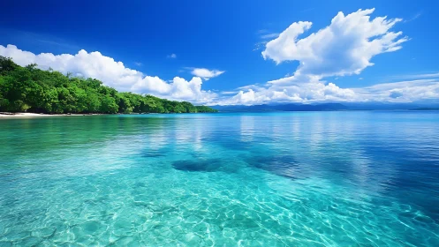 Tropical shoreline shows clear shallow water and distant clouds